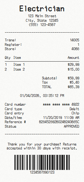 Electrician receipt template
