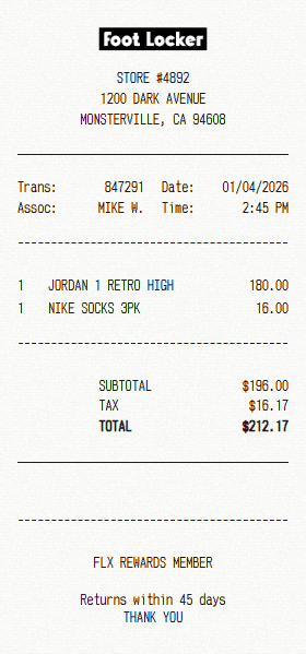 Foot Locker receipt template