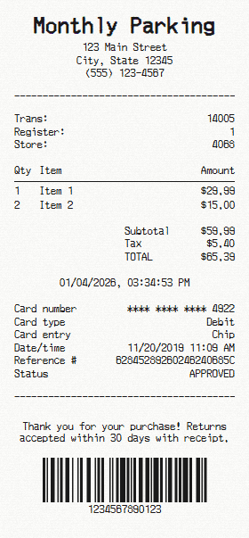 Monthly Parking receipt template