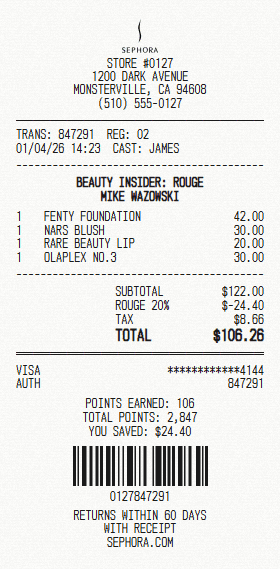 Sephora receipt template