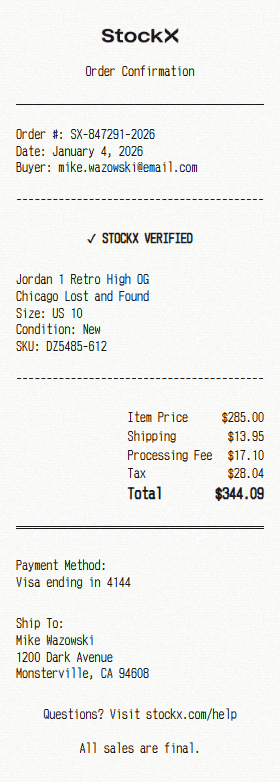Preview of StockX receipt template