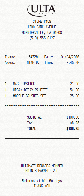 Ulta Beauty receipt template