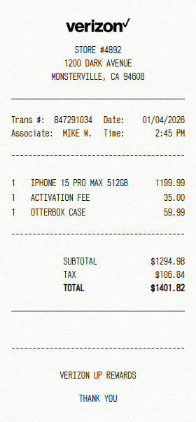 Verizon receipt template